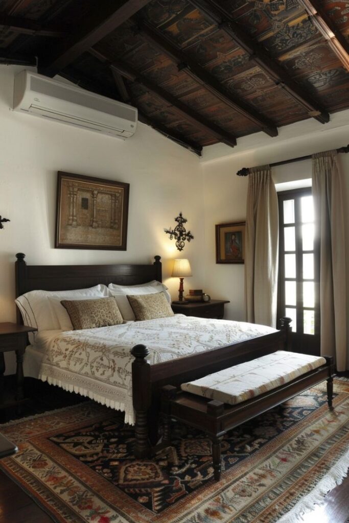 “Elegant Indian-style bedroom featuring a carved wooden bed with intricate detailing, rich patterned fabrics, and warm ambient lighting. The room includes traditional artwork above the headboard, ornate wooden ceiling panels, and large windows with draped curtains, creating a luxurious and culturally inspired atmosphere.