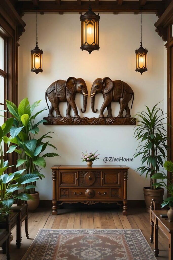 Traditional home interior with a carved wooden wall art of two elephants mounted on the wall above an ornate wooden console table, surrounded by indoor plants and warm hanging lanterns creating an elegant and cozy atmosphere.”