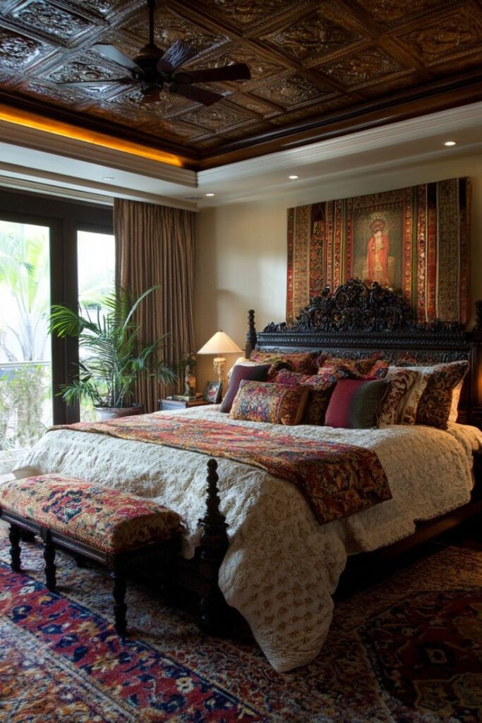 Luxurious Indian-inspired bedroom featuring a carved wooden bed with intricate detailing, richly patterned bedding, and a tapestry artwork above the headboard. The room includes a wooden ceiling with ornate panels, warm lighting, indoor plants, and large windows with draped curtains, creating an elegant and traditional ambiance.”