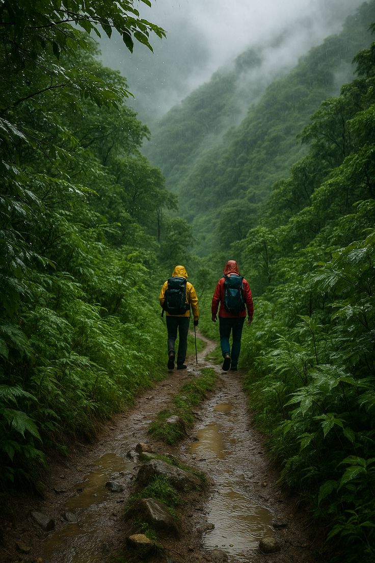 Two hikers wearing rain jackets and backpacks walking along a muddy forest trail surrounded by lush green trees and mist-covered mountains after rainfall.
