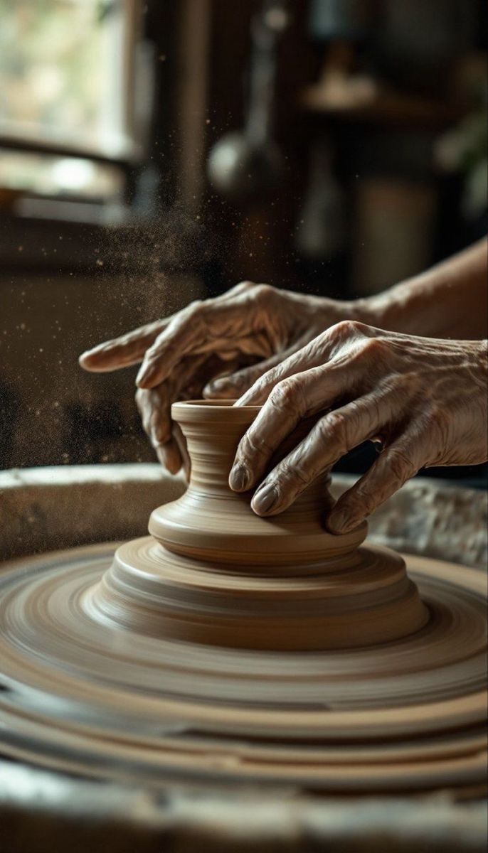 Close-up of skilled hands shaping clay on a pottery wheel, with fine dust particles floating in warm light, capturing the artistry and craftsmanship of traditional pottery making.