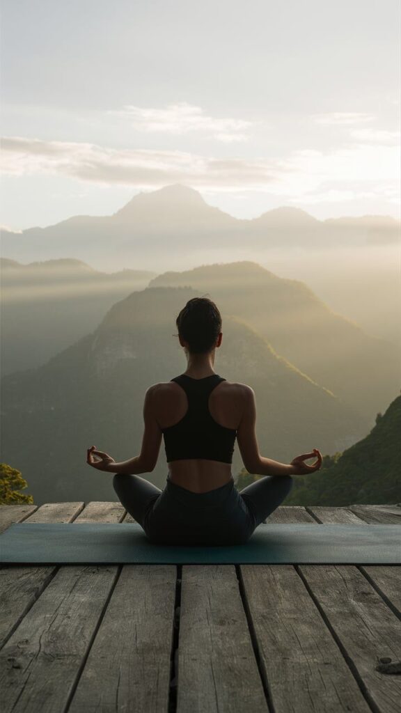 Person practicing yoga in a seated meditation pose on a wooden deck overlooking misty mountains at sunrise, creating a calm and serene atmosphere.