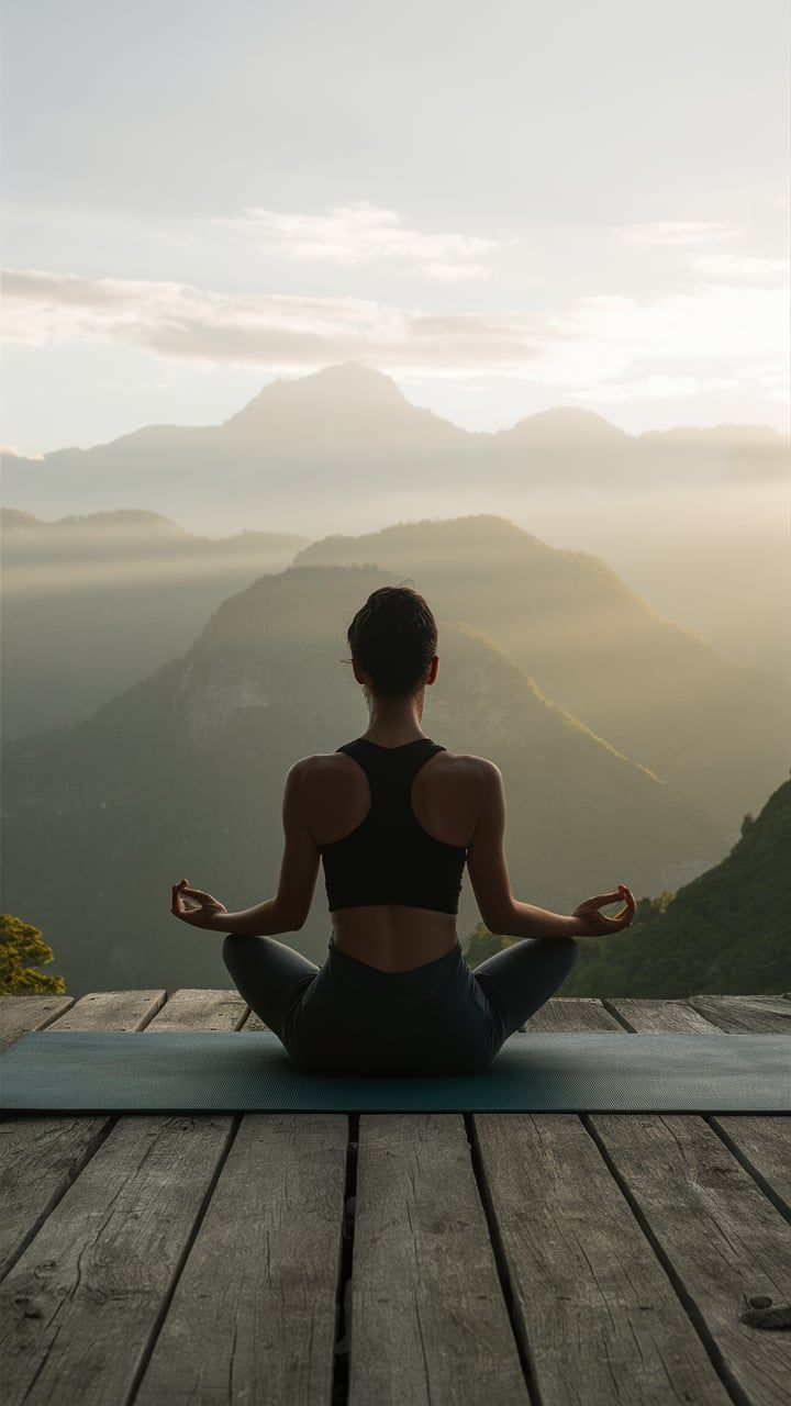 Person practicing yoga in a seated meditation pose on a wooden deck overlooking misty mountains at sunrise, creating a calm and serene atmosphere.