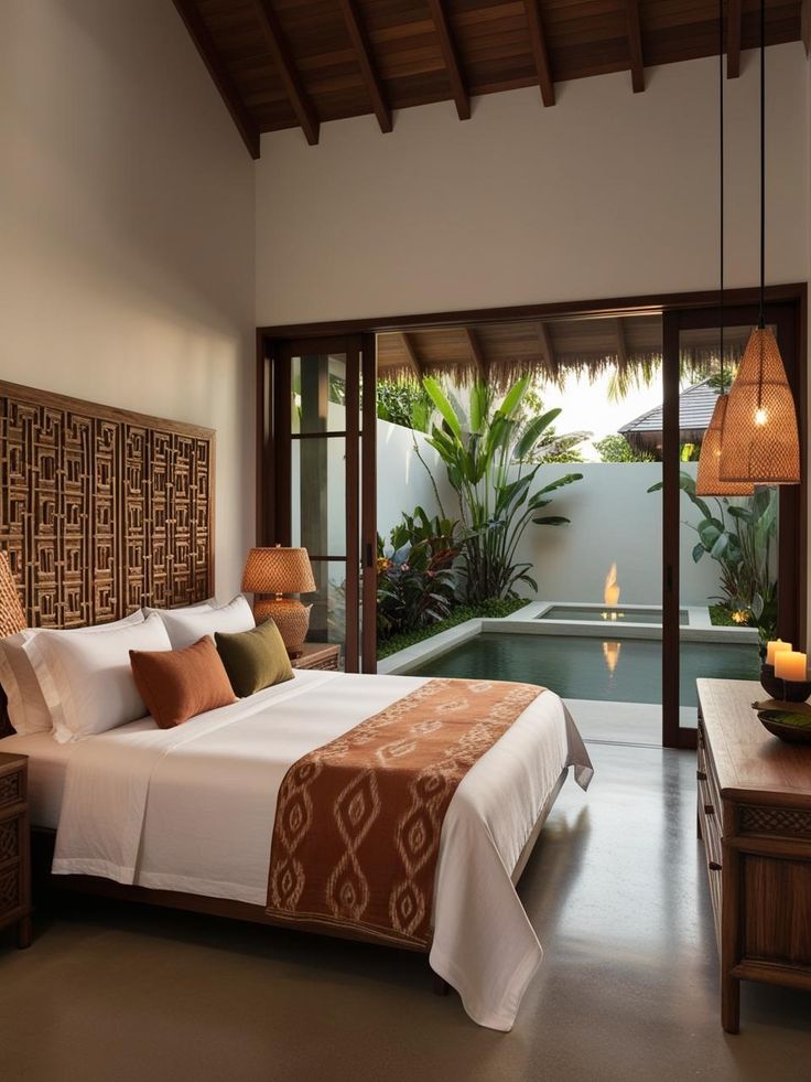 “Serene Balinese-style bedroom interior with natural wood furnishings, a low bed dressed in crisp linens and textured throws, woven rattan accents, lush tropical plants, carved screens, and soft warm lighting — opening to a tranquil pool outside that enhances the calming, nature-inspired retreat.”